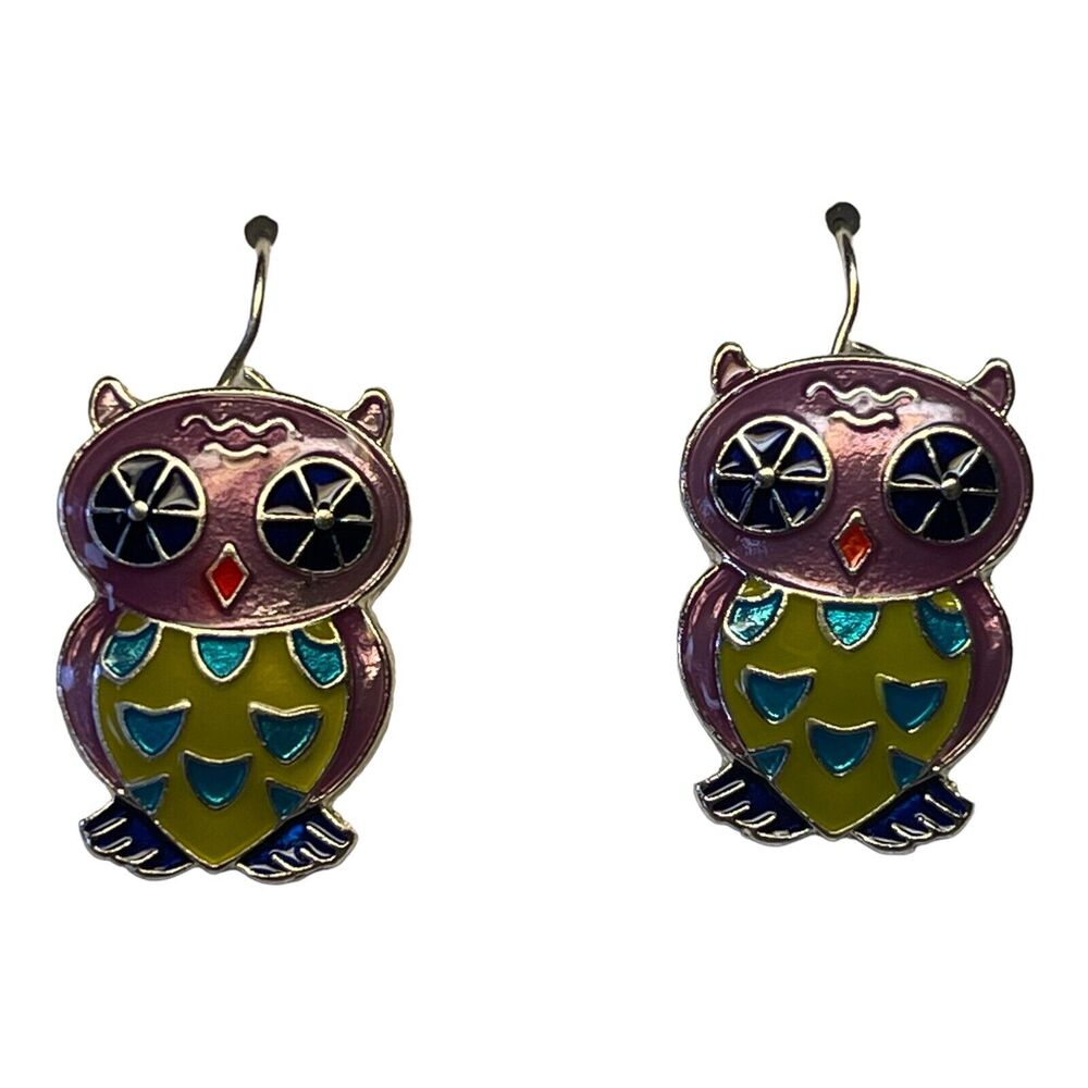 Zarah Calypso Owl Dangle Earrings Sterling Silver Plated Cloisonne Enamel Bird - Picture 3 of 4